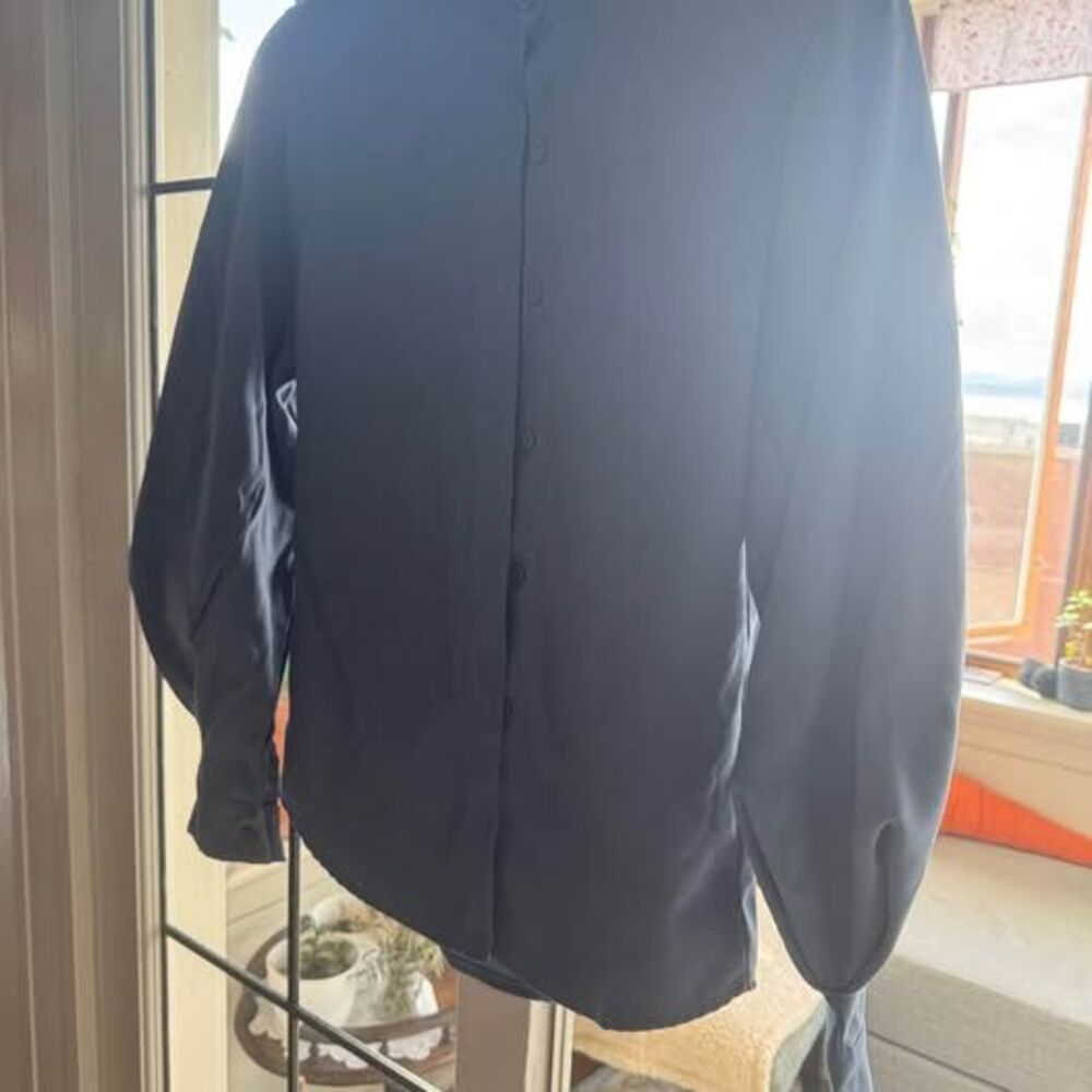Navy Blue Mandarin Collar Puff Sleeve Blouse